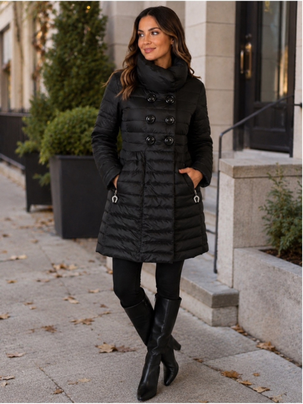 Betsey Johnson Black Quilted Double-Breasted Puffer Coat Size L Y2K Rhinestone